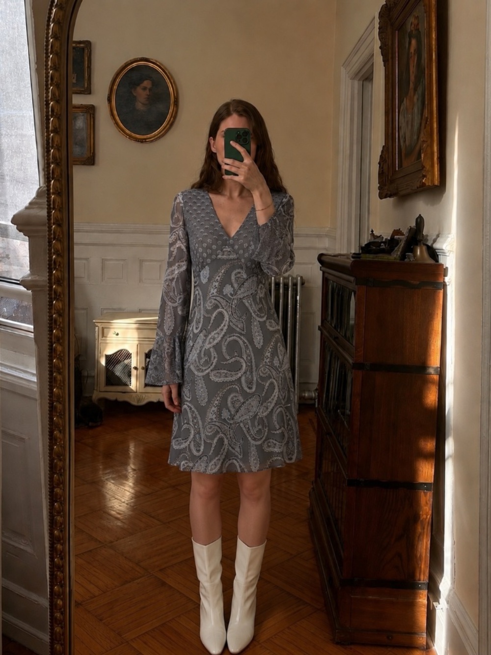 Fleur De Sel Silk Paisley Mini Dress Size Small Grey Formal